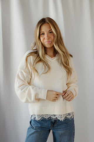 Julia Lace V Neck Sweater, Cream - The Red Thread Boutique
