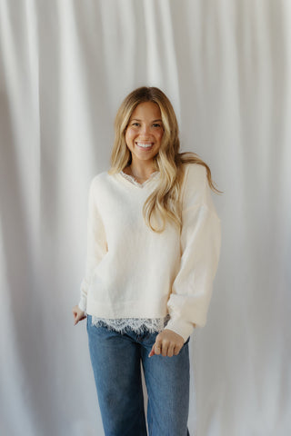 Julia Lace V Neck Sweater, Cream - The Red Thread Boutique
