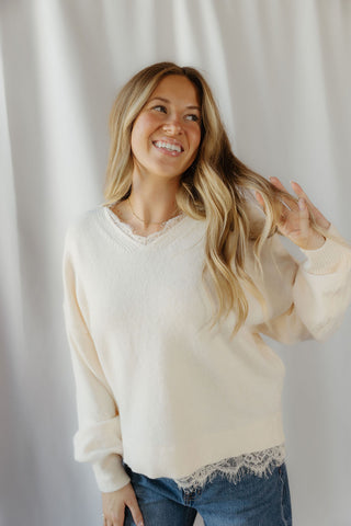 Julia Lace V Neck Sweater, Cream - The Red Thread Boutique