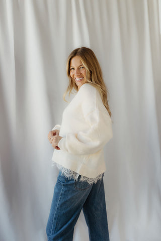 Julia Lace V Neck Sweater, Cream - The Red Thread Boutique