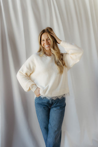 Julia Lace V Neck Sweater, Cream - The Red Thread Boutique
