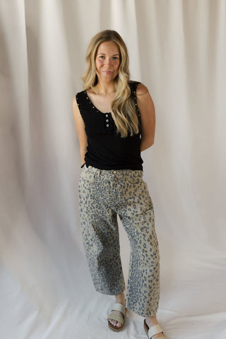 Cheetah Barrel Leg Jeans, Olive