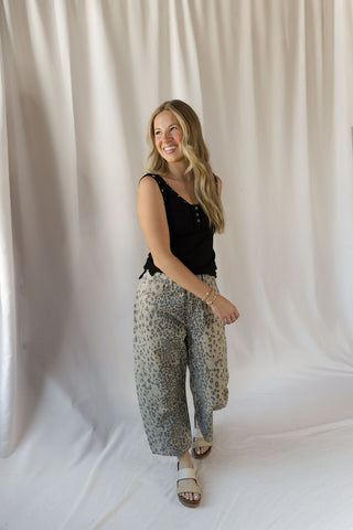Cheetah Barrel Leg Jeans, Olive