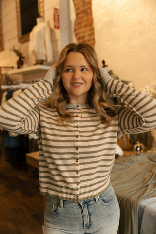 Striped Button Cardigan, Olive