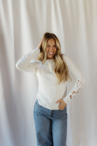 Floral Embroidered Sleeve Sweater, Ivory - The Red Thread Boutique
