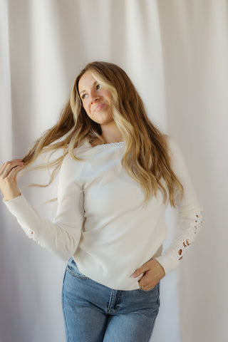 Floral Embroidered Sleeve Sweater, Ivory - The Red Thread Boutique