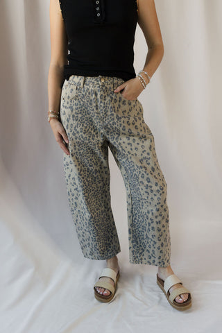 Cheetah Barrel Leg Jeans, Olive