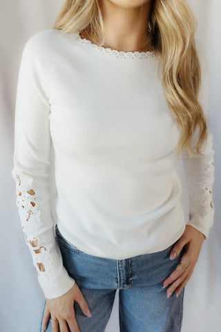 Floral Embroidered Sleeve Sweater, Ivory - The Red Thread Boutique