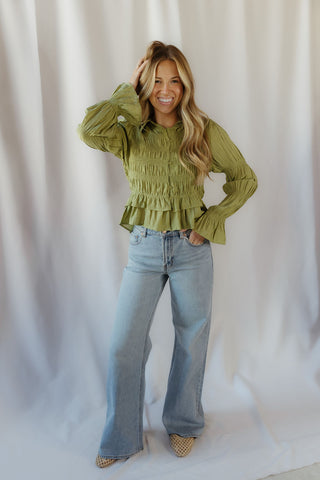 Rosalie Ruffle Button Up, Green - The Red Thread Boutique