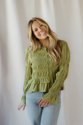 Rosalie Ruffle Button Up, Green - The Red Thread Boutique