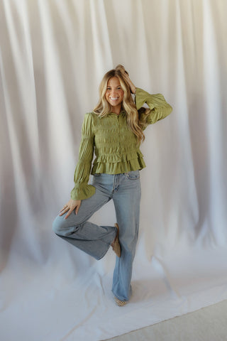 Rosalie Ruffle Button Up, Green - The Red Thread Boutique