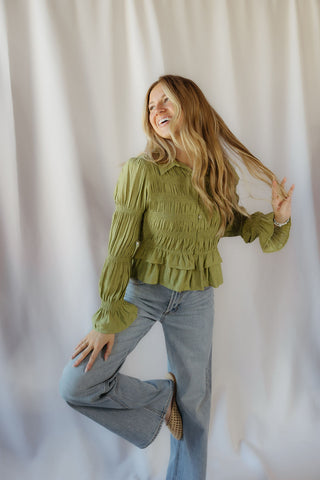 Rosalie Ruffle Button Up, Green - The Red Thread Boutique