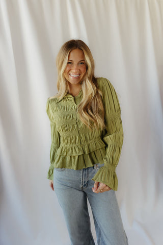 Rosalie Ruffle Button Up, Green - The Red Thread Boutique
