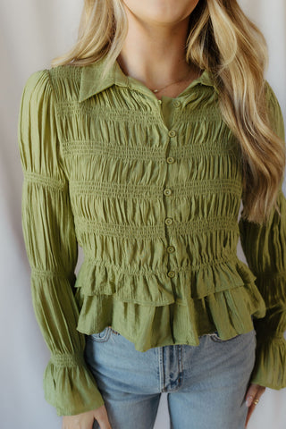 Rosalie Ruffle Button Up, Green - The Red Thread Boutique