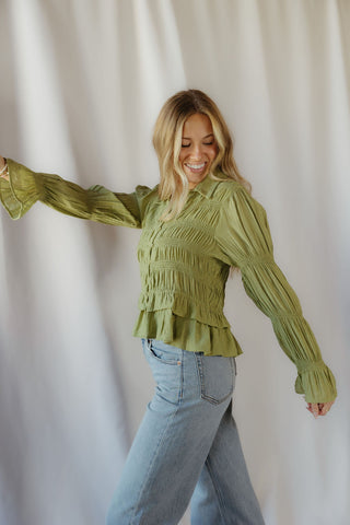 Rosalie Ruffle Button Up, Green - The Red Thread Boutique