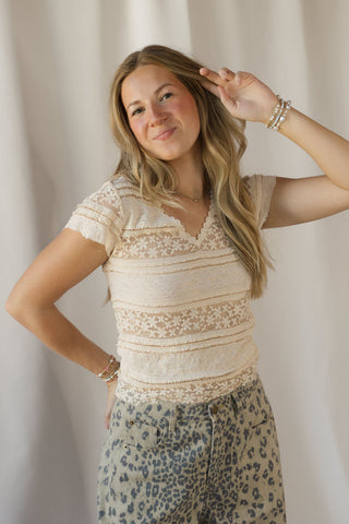 Lace V Neck Tee, Cream