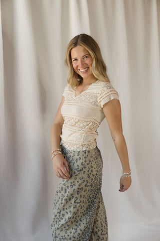 Lace V Neck Tee, Cream
