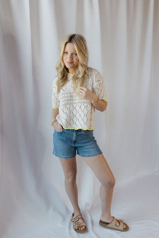 Sadie Lime Trim Crochet Sweater Top - The Red Thread Boutique