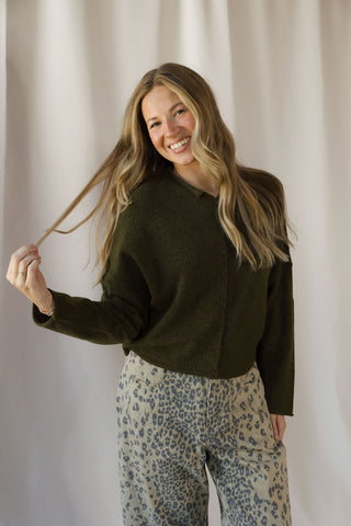 Lightweight Button Down Knit Cardigan, Olive