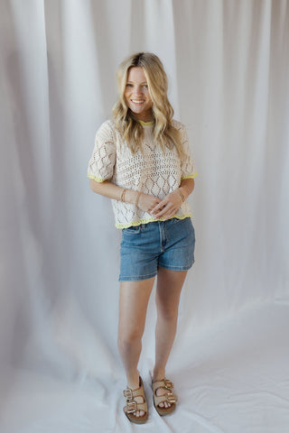 Sadie Lime Trim Crochet Sweater Top - The Red Thread Boutique