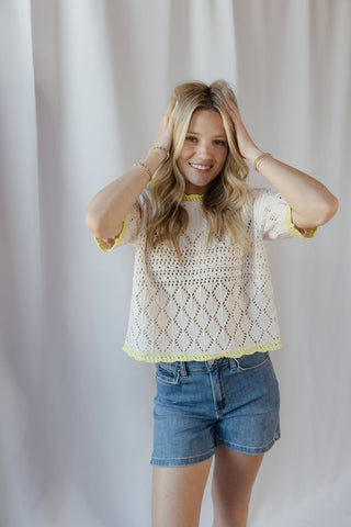 Sadie Lime Trim Crochet Sweater Top - The Red Thread Boutique