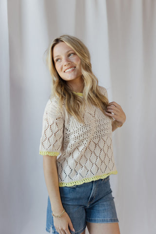 Sadie Lime Trim Crochet Sweater Top - The Red Thread Boutique