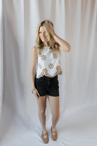Flat White Embroidered Tank, White/Tan - The Red Thread Boutique