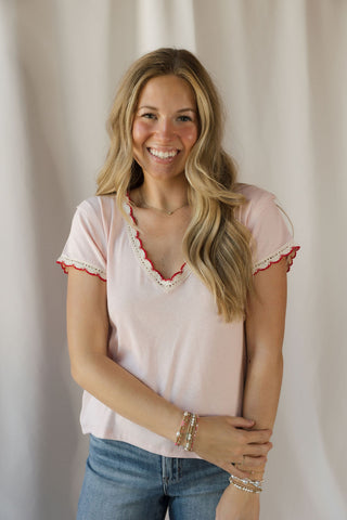 Emmie Scallop Trim Tee, Pink - The Red Thread Boutique