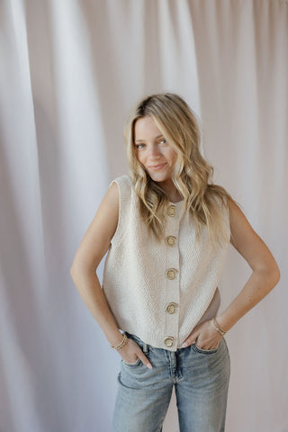 Oyster Cafe Seashell Button Sweater Top, Cream