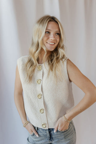 Oyster Cafe Seashell Button Sweater Top, Cream