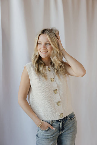 Oyster Cafe Seashell Button Sweater Top, Cream