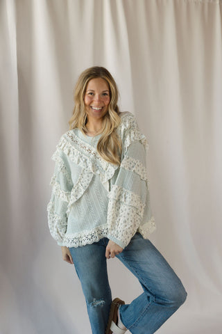 Amber Ruffle Lace Top, Sage Mint - The Red Thread Boutique