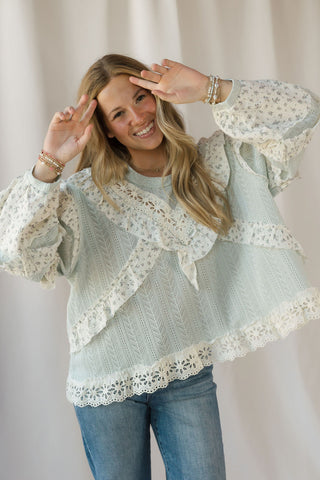 Amber Ruffle Lace Top, Sage Mint - The Red Thread Boutique