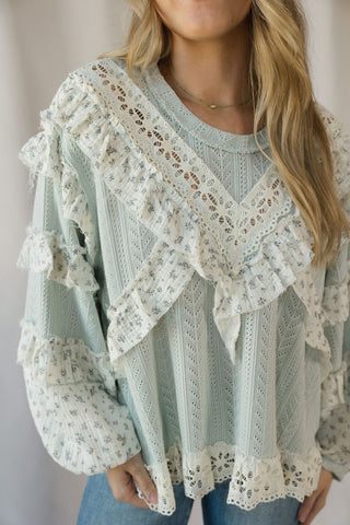 Amber Ruffle Lace Top, Sage Mint - The Red Thread Boutique