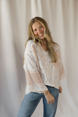Destiny Eyelet Patchwork Top, Off White/Blush - The Red Thread Boutique