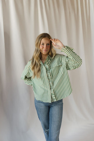 Serena Stripe Ruffle Button Up, Green - The Red Thread Boutique