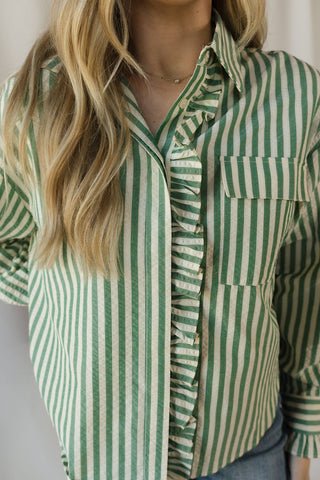Serena Stripe Ruffle Button Up, Green - The Red Thread Boutique