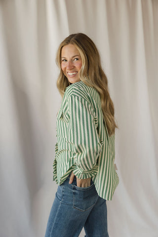 Serena Stripe Ruffle Button Up, Green - The Red Thread Boutique