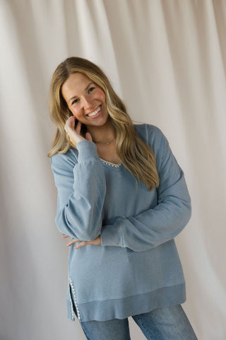 Cam Knit Denim Whipstitch Top - The Red Thread Boutique