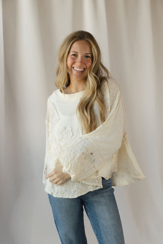 Gretchen Lace Patch Floral Tee, Natural - The Red Thread Boutique