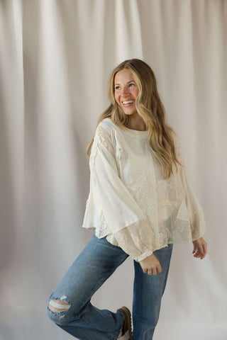 Gretchen Lace Patch Floral Tee, Natural - The Red Thread Boutique