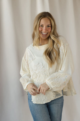 Gretchen Lace Patch Floral Tee, Natural - The Red Thread Boutique