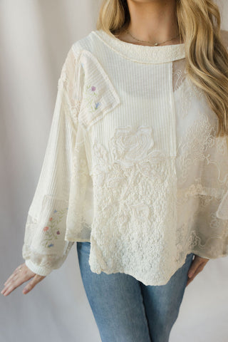 Gretchen Lace Patch Floral Tee, Natural - The Red Thread Boutique