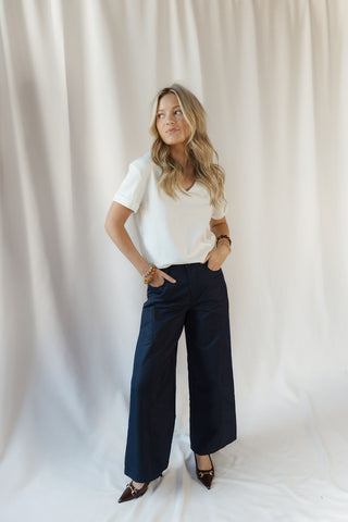 Edin Rolled V Neck Tee, White - The Red Thread Boutique