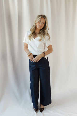Edin Rolled V Neck Tee, White - The Red Thread Boutique