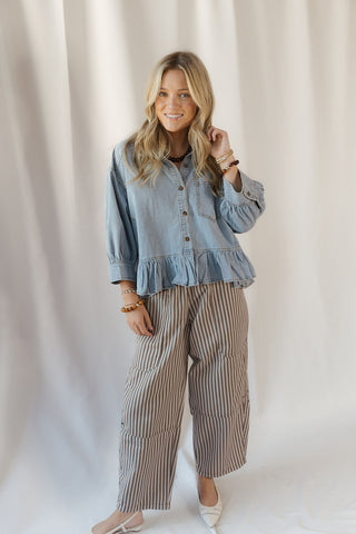 Mara Ruffle Hem Denim Shirt - The Red Thread Boutique