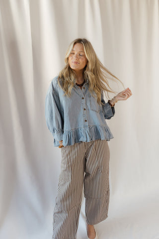 Mara Ruffle Hem Denim Shirt - The Red Thread Boutique