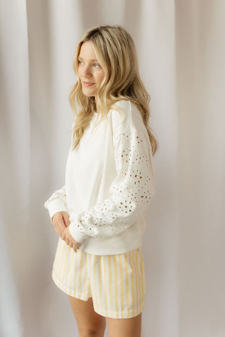 Mosaic Knit Eyelet Sweatshirt, White - The Red Thread Boutique