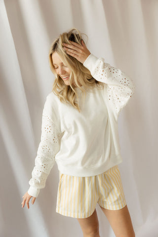 Mosaic Knit Eyelet Sweatshirt, White - The Red Thread Boutique