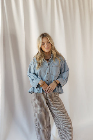 Mara Ruffle Hem Denim Shirt - The Red Thread Boutique